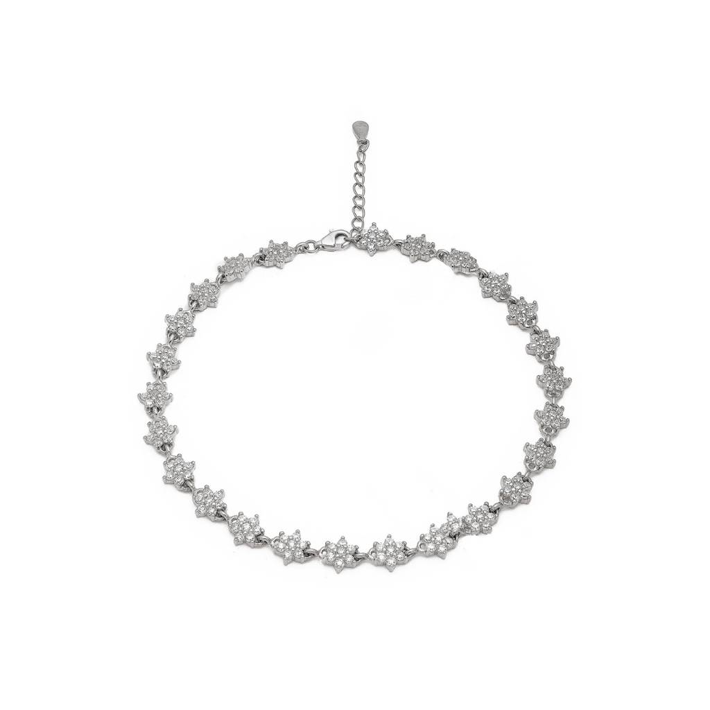 Floral Cz Rhodium Plated 925 Sterling Silver Chain Anklet : ANK-60353-PAIR-R