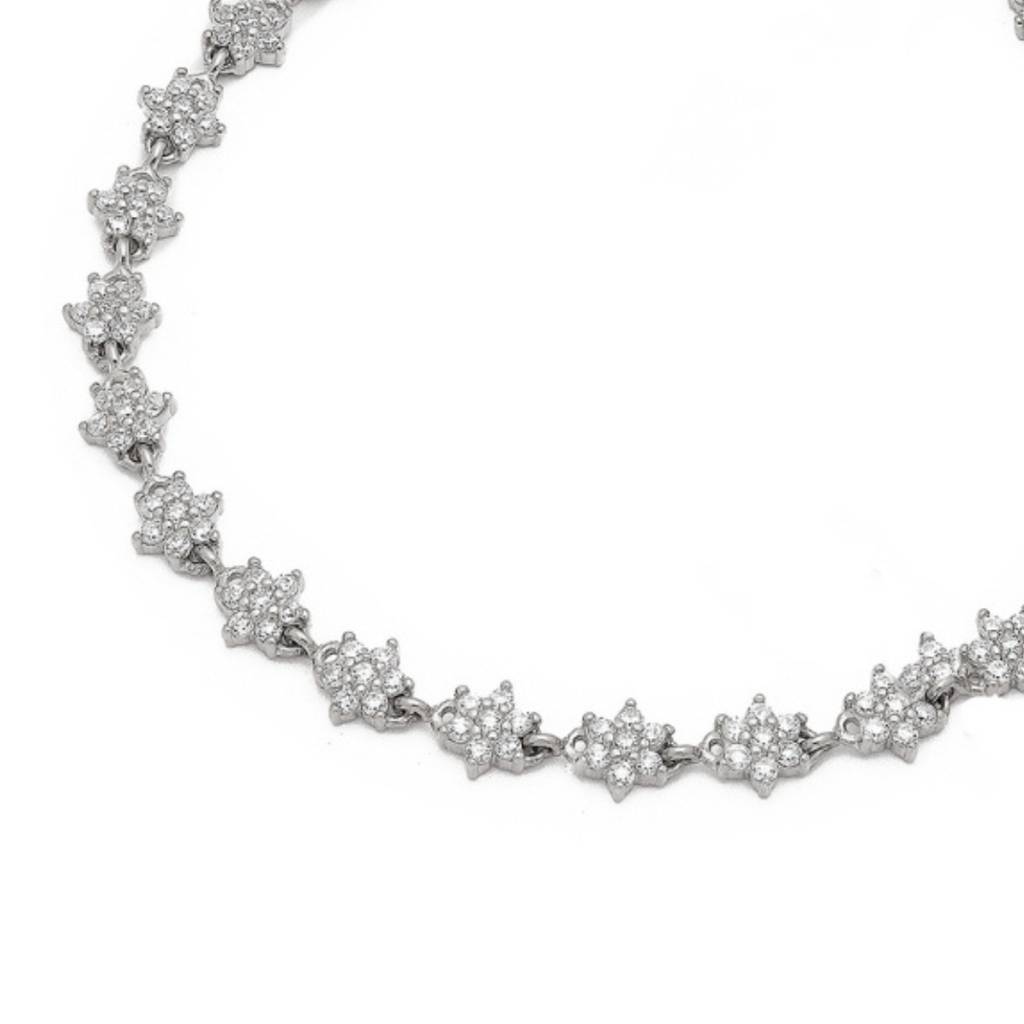 Floral Cz Rhodium Plated 925 Sterling Silver Chain Anklet : ANK-60353-PAIR-R