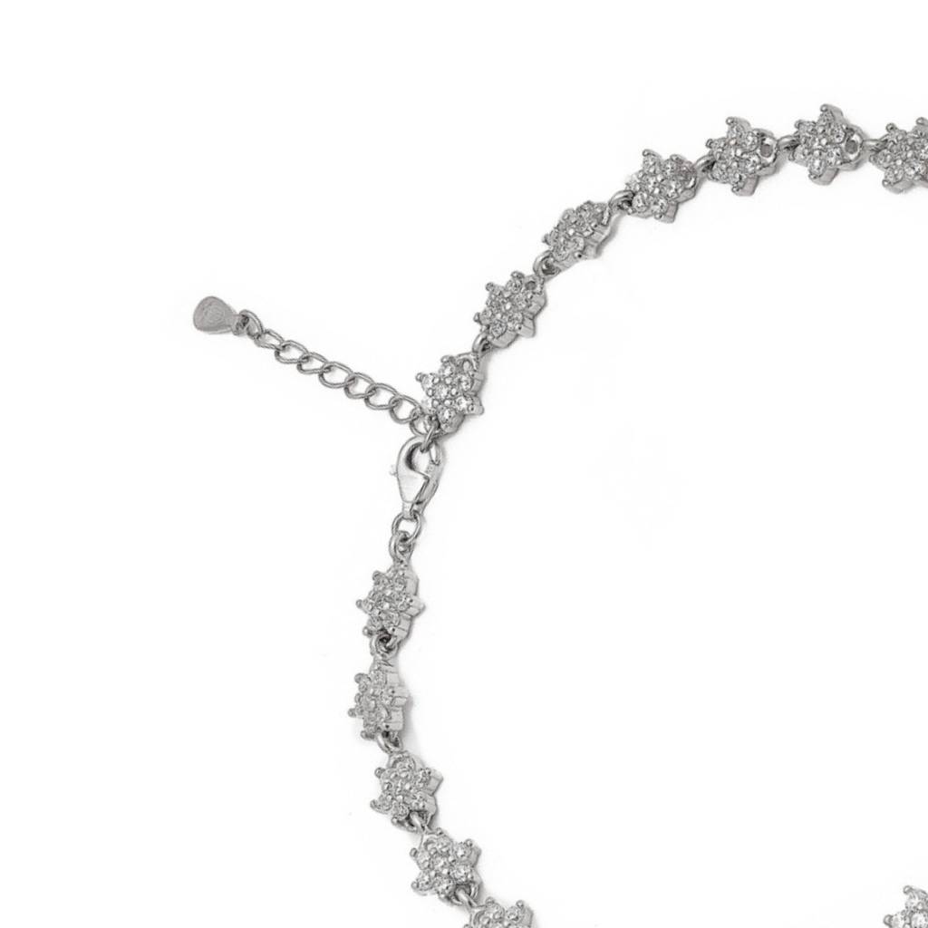 Floral Cz Rhodium Plated 925 Sterling Silver Chain Anklet : ANK-60353-PAIR-R