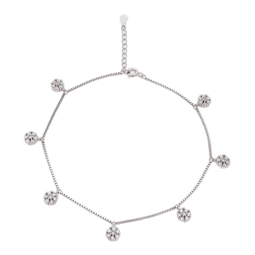 925 Pure Silver Rhodium Plated Cz Floral Chain Anklet : ANK-60371-ONE-R