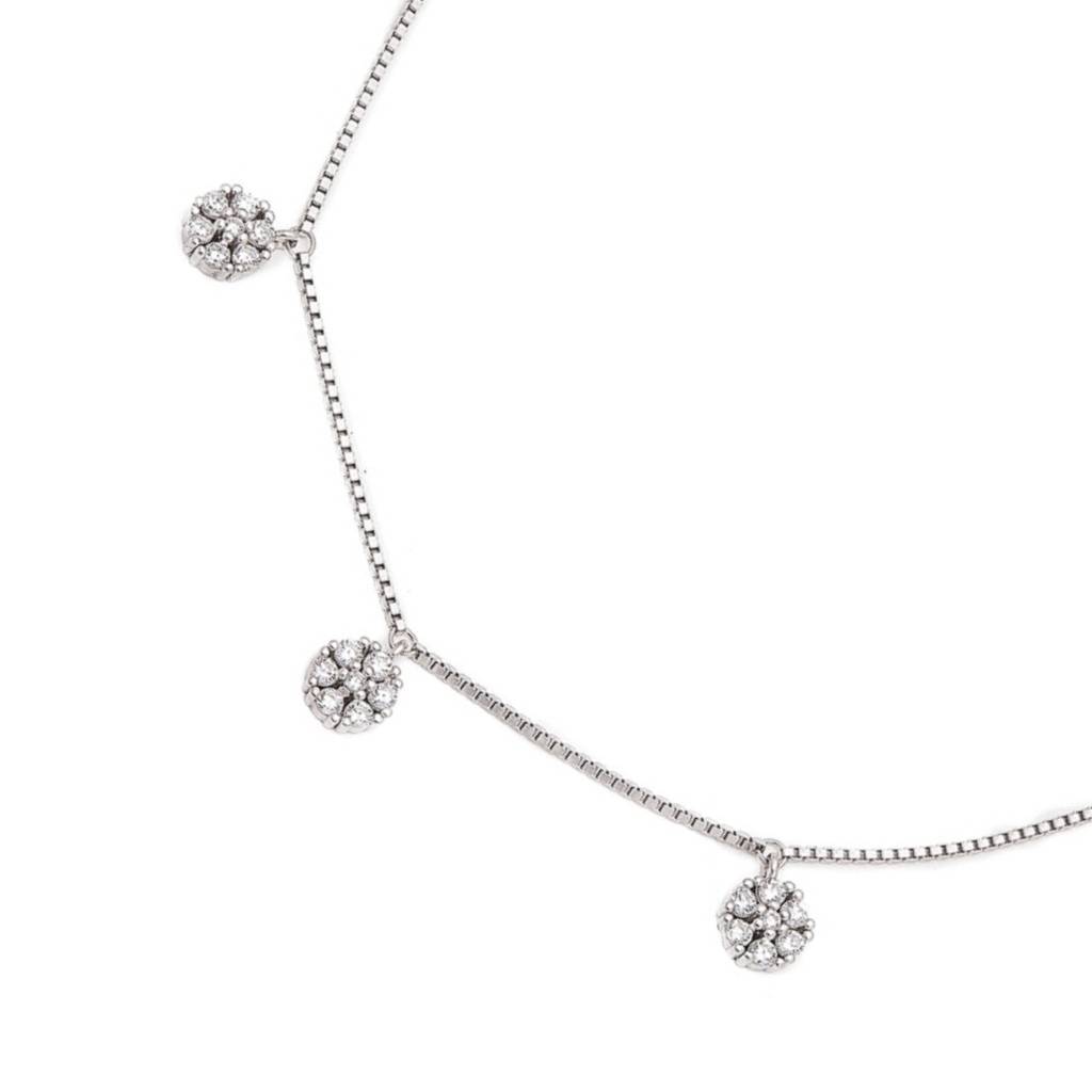 925 Pure Silver Rhodium Plated Cz Floral Chain Anklet : ANK-60371-ONE-R