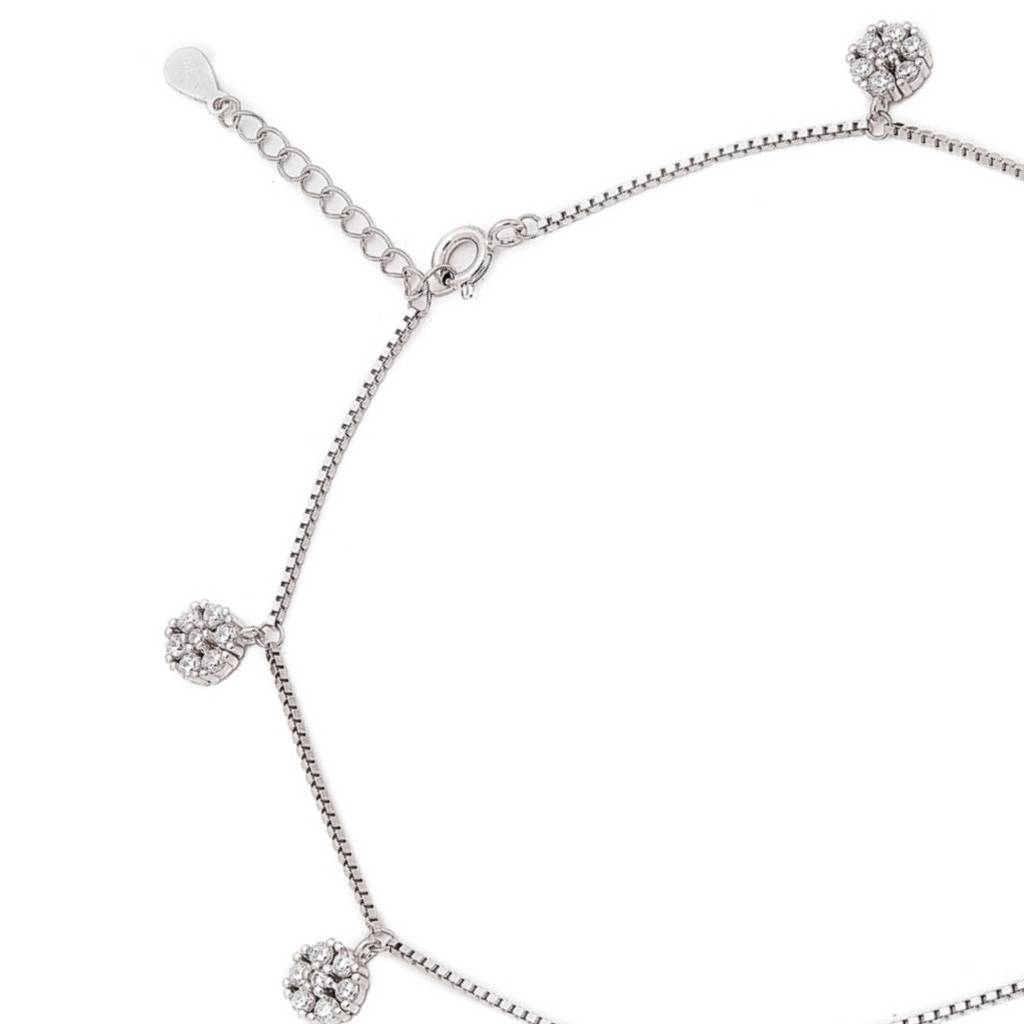 925 Pure Silver Rhodium Plated Cz Floral Chain Anklet : ANK-60371-ONE-R