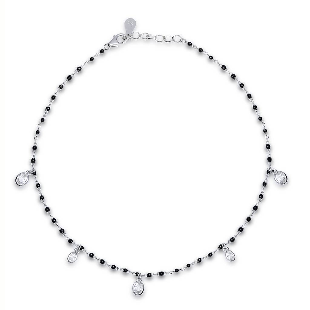 925 Pure Silver Rhodium Plated Cz Abstract Chain Anklet : ANK-60372-ONE-R