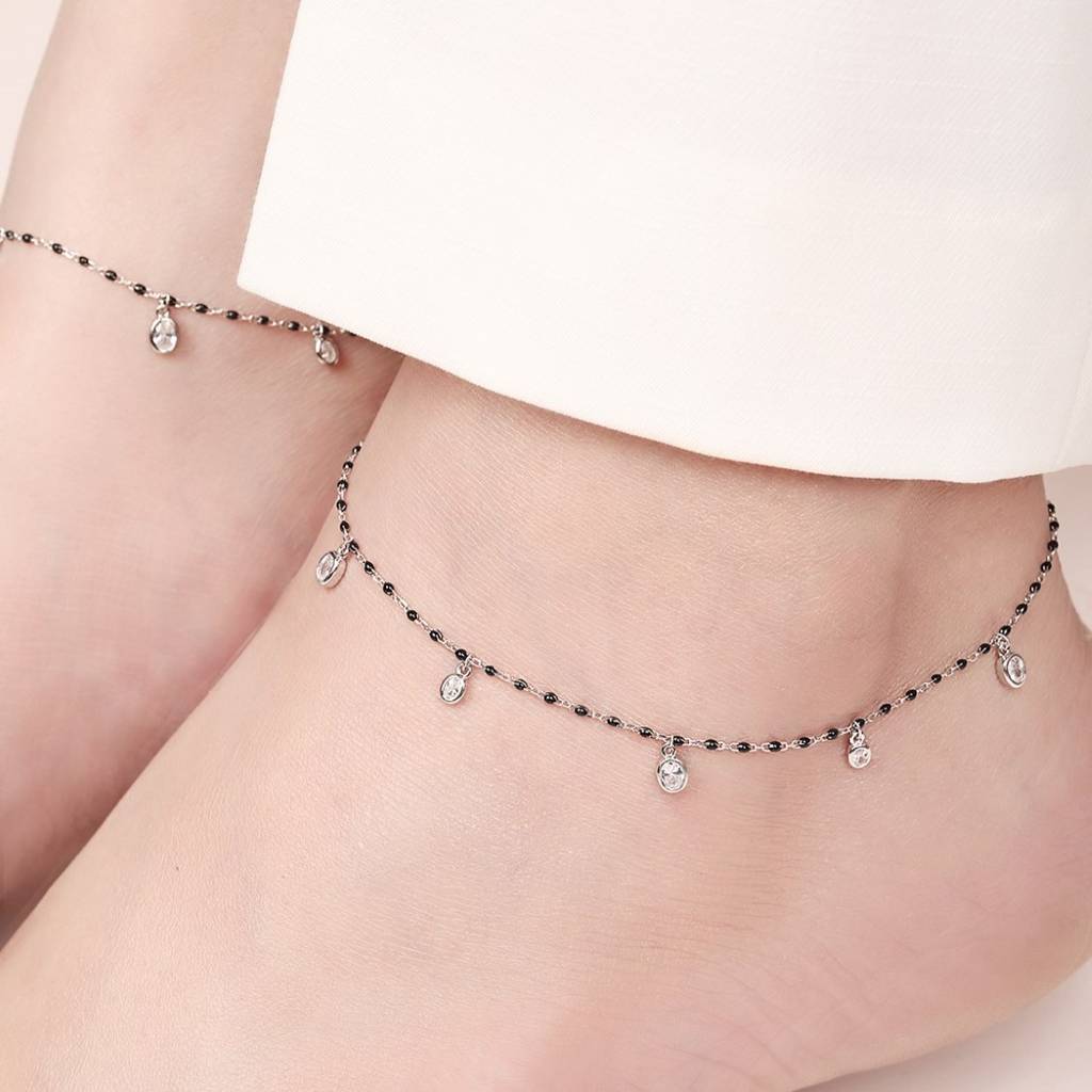 925 Pure Silver Rhodium Plated Cz Abstract Chain Anklet : ANK-60372-PAIR-R