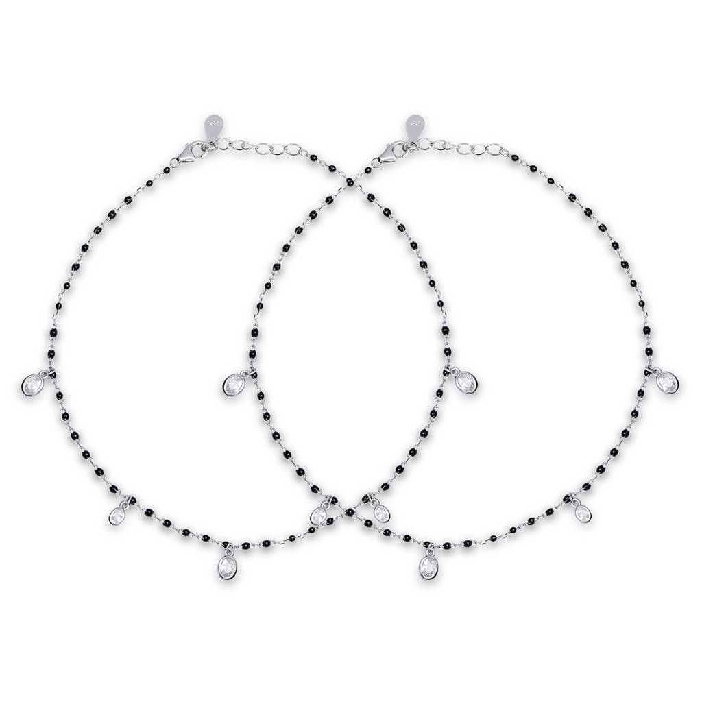 925 Pure Silver Rhodium Plated Cz Abstract Chain Anklet : ANK-60372-PAIR-R