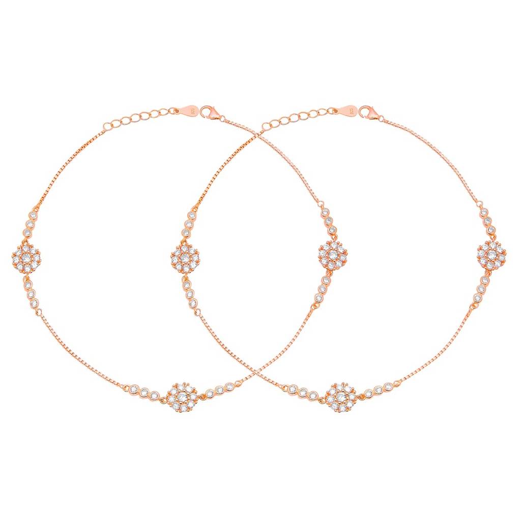 925 Pure Silver Rose Gold-Plated Cz Floral Chain Anklet Pair : ANK-60388-PAIR-RG