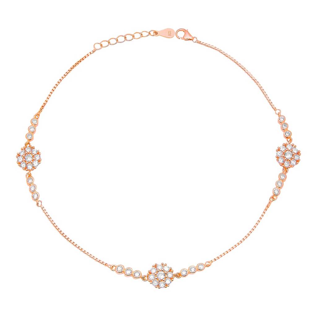 925 Pure Silver Rose Gold-Plated Cz Floral Chain Anklet Pair : ANK-60388-PAIR-RG