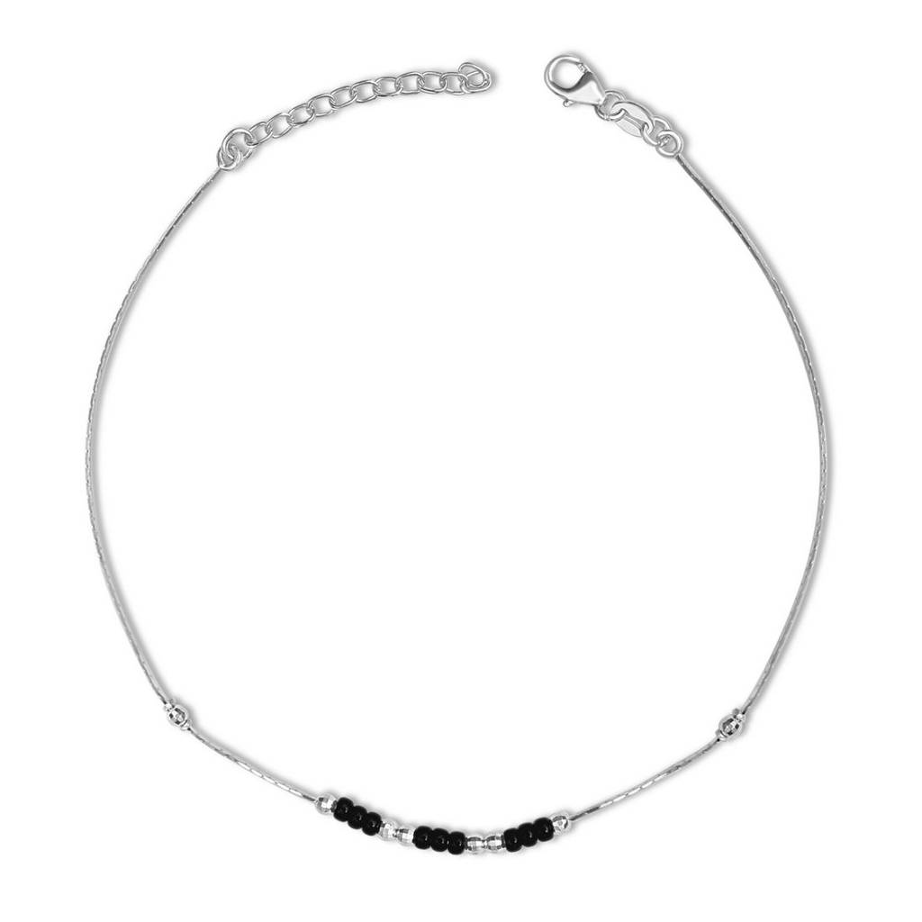 925 Pure Silver Rhodium Plated Beaded Abstract Chain Anklet-Ank-60399-One-R : ANK-60399-ONE-R