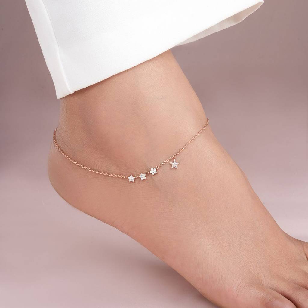 Star Cz Rose Gold Plated 925 Sterling Silver Anklet (Pair) : ANK-60420-PAIR-RG