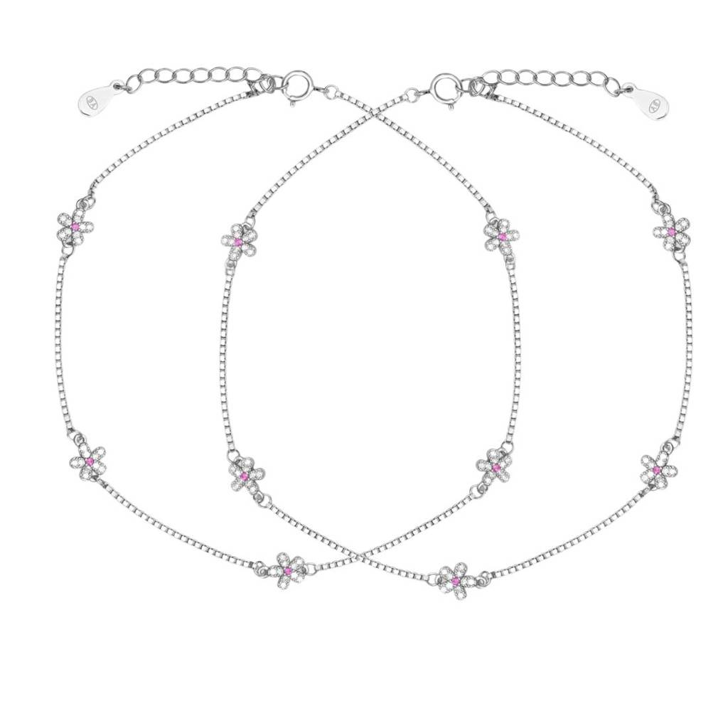 Floral Elegance Rhodium Plated 925 Sterling Silver Anklet (Pair) : ANK-60422-PAIR-R