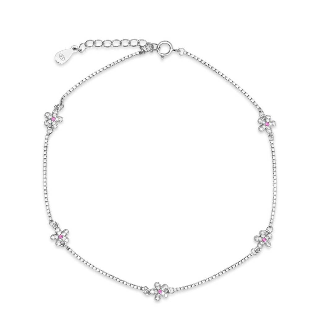 Floral Elegance Rhodium Plated 925 Sterling Silver Anklet (Pair) : ANK-60422-PAIR-R