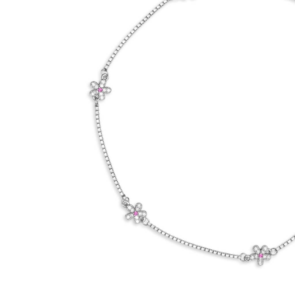 Floral Elegance Rhodium Plated 925 Sterling Silver Anklet (Pair) : ANK-60422-PAIR-R