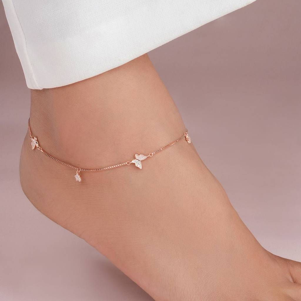 Charms Cz Rose Gold Plated 925 Sterling Silver Anklet (Pair) : ANK-60423-PAIR-RG