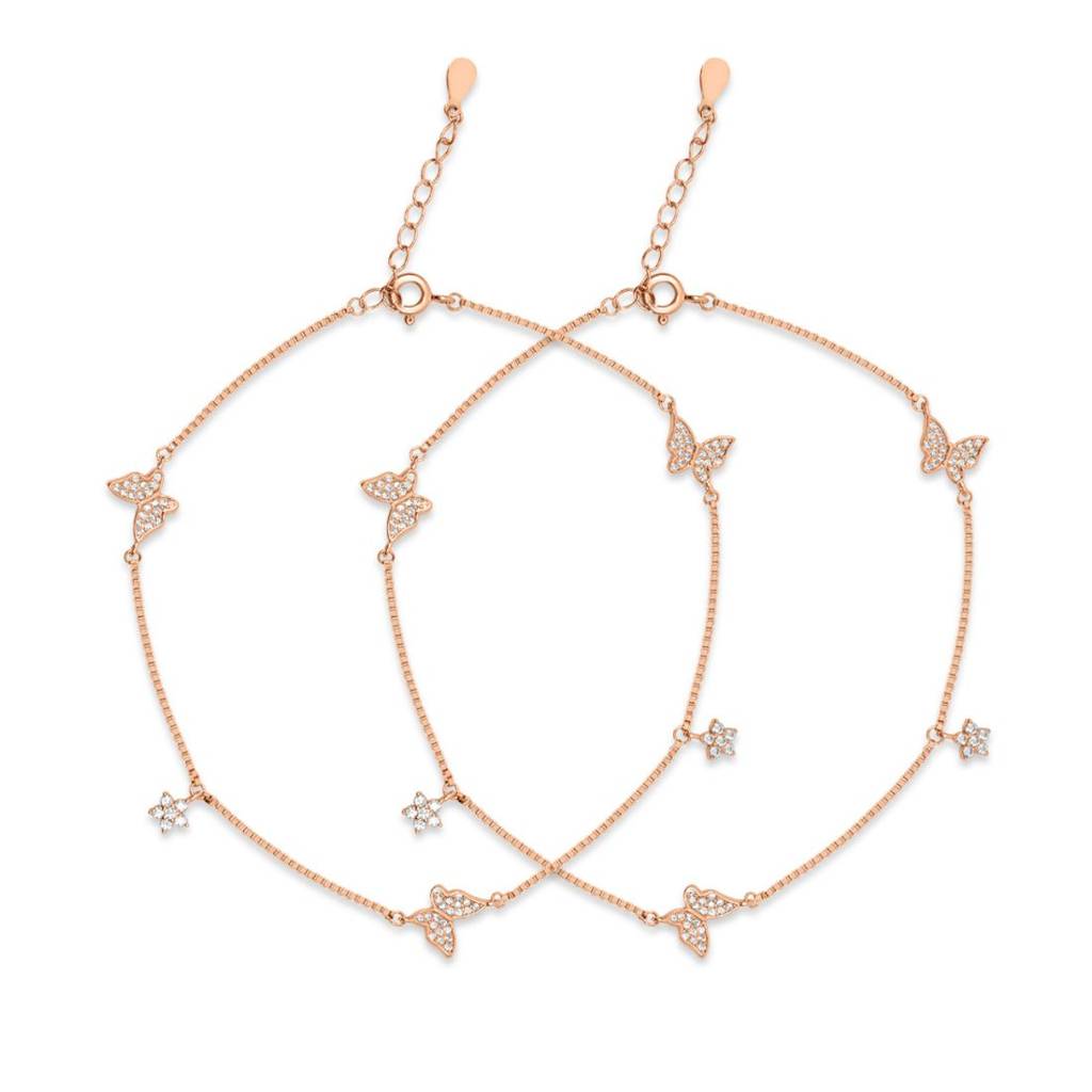 Charms Cz Rose Gold Plated 925 Sterling Silver Anklet (Pair) : ANK-60423-PAIR-RG