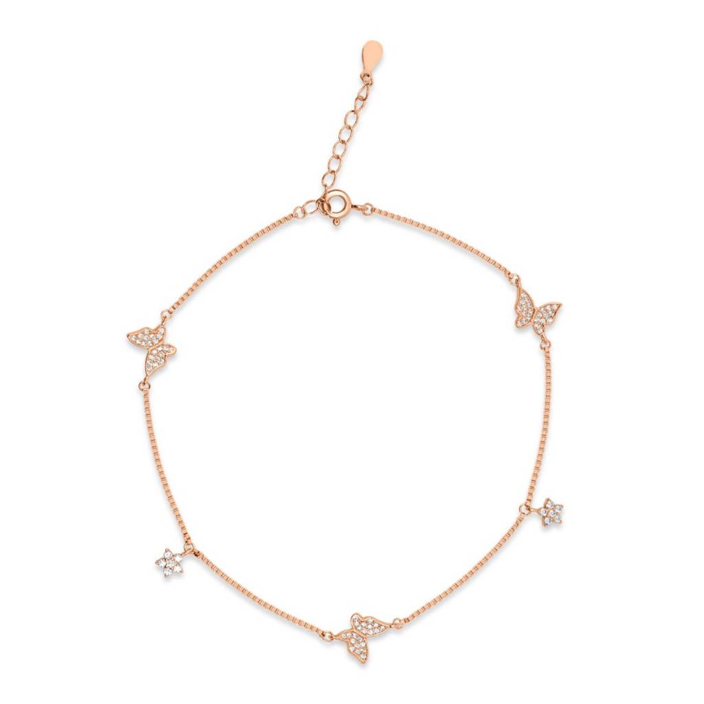 Charms Cz Rose Gold Plated 925 Sterling Silver Anklet (Pair) : ANK-60423-PAIR-RG