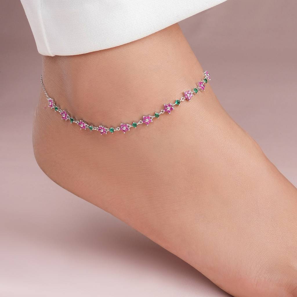 Colorful Floral Rhodium Plated 925 Sterling Silver Anklet (Pair) : ANK-60424-PAIR-R