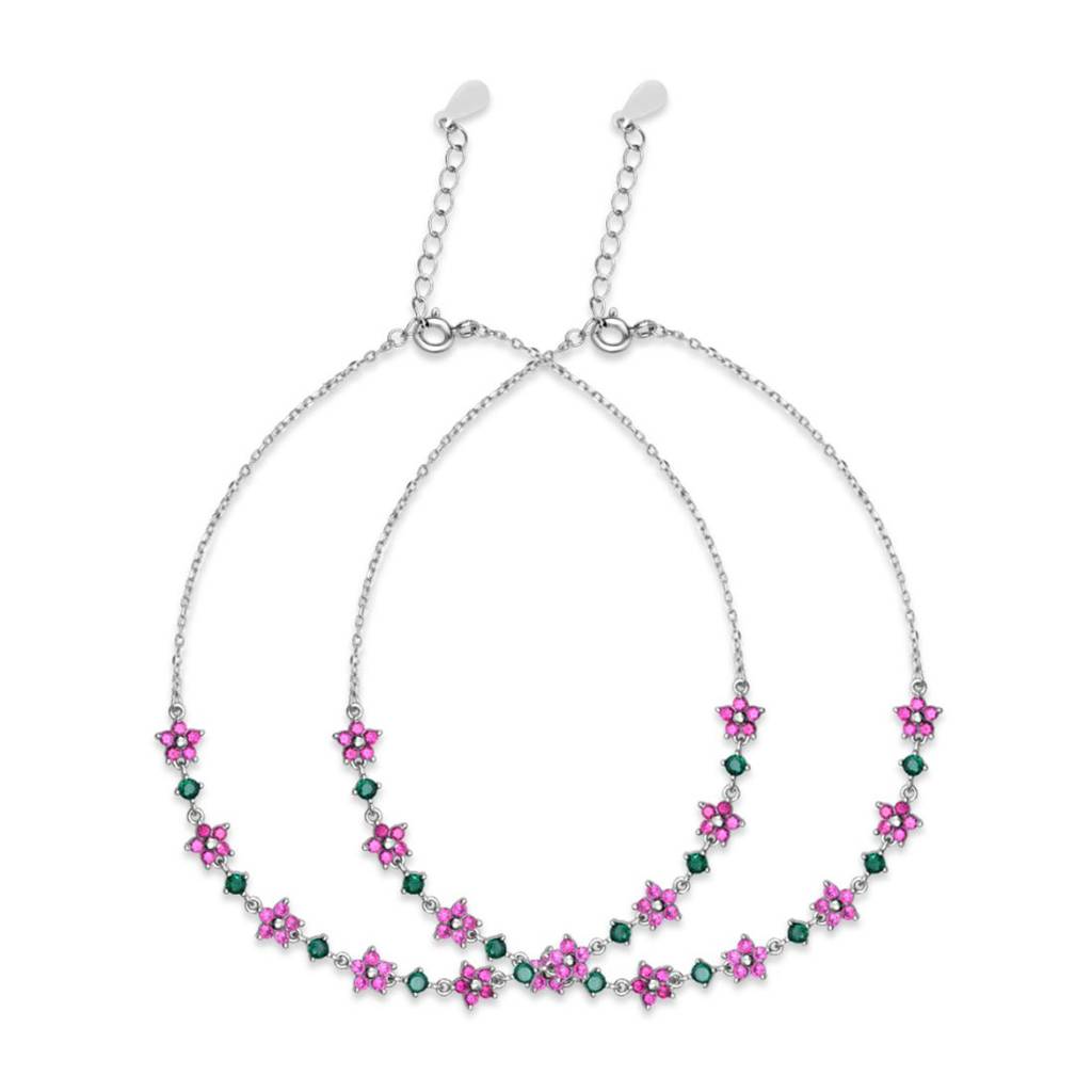 Colorful Floral Rhodium Plated 925 Sterling Silver Anklet (Pair) : ANK-60424-PAIR-R