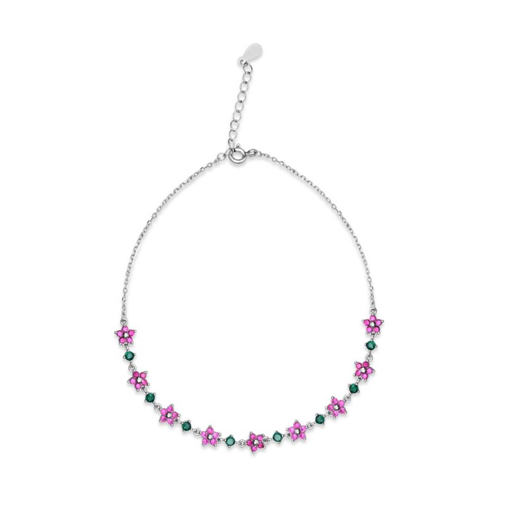 Colorful Floral Rhodium Plated 925 Sterling Silver Anklet (Pair) : ANK-60424-PAIR-R