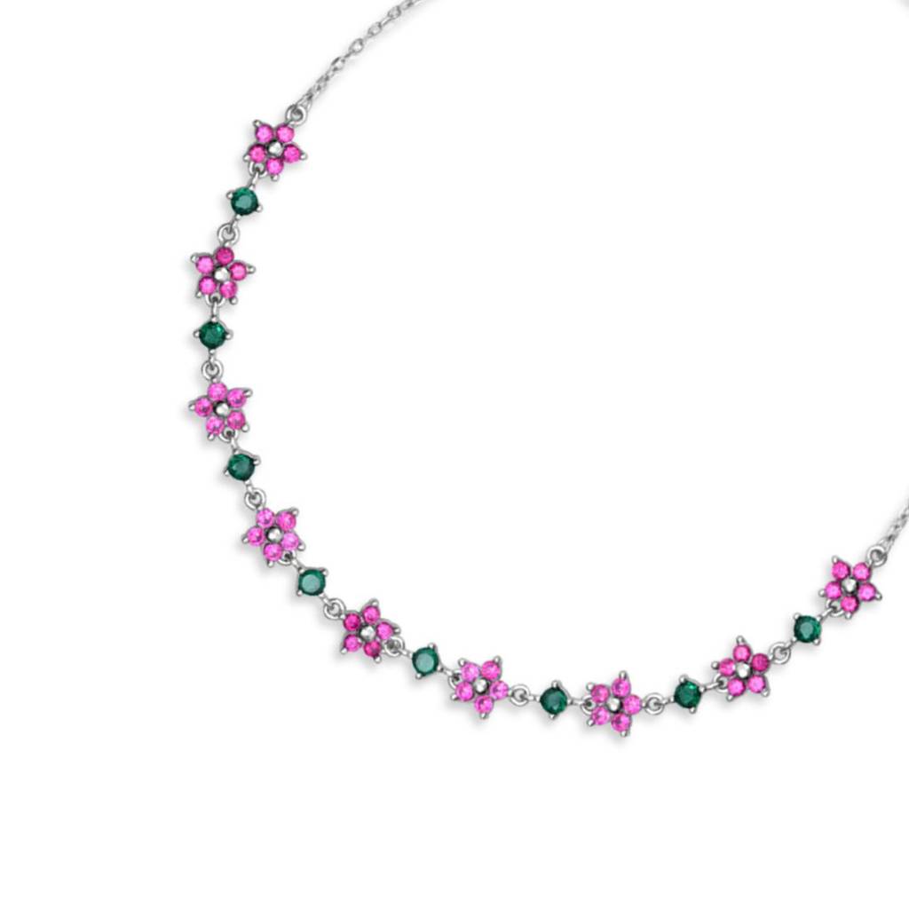 Colorful Floral Rhodium Plated 925 Sterling Silver Anklet (Pair) : ANK-60424-PAIR-R