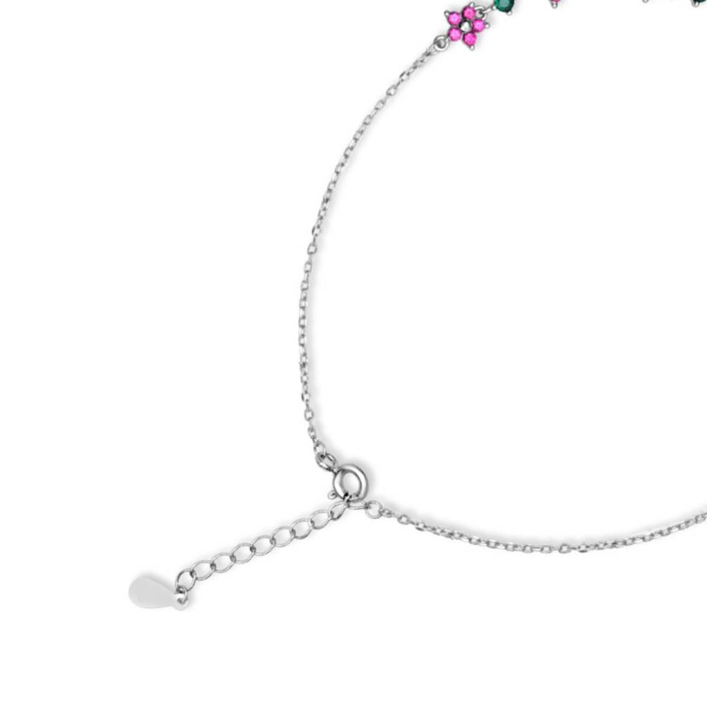 Colorful Floral Rhodium Plated 925 Sterling Silver Anklet (Pair) : ANK-60424-PAIR-R