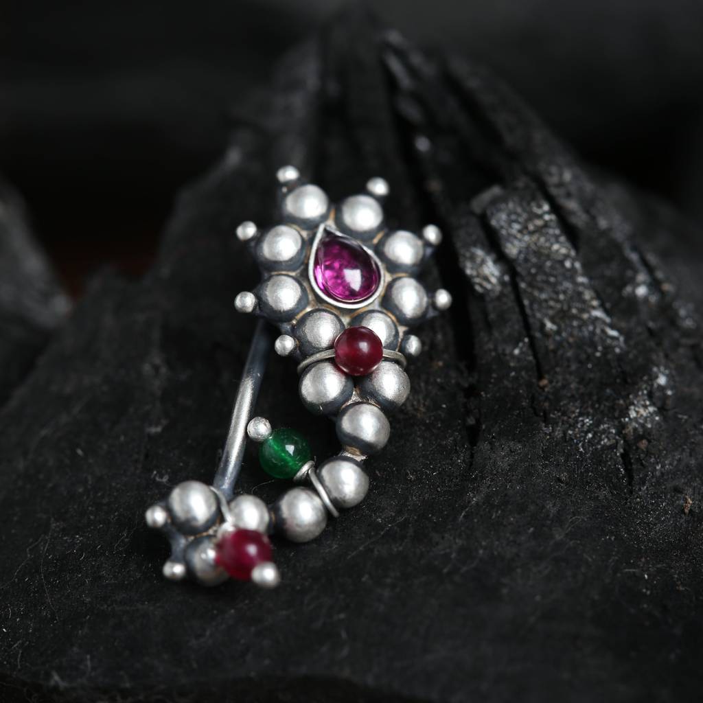 Itihaas Silver Maharashtrian Nath: Small (Left) : silver_nath_maharashtrian_left_silver_oxidized_clipon