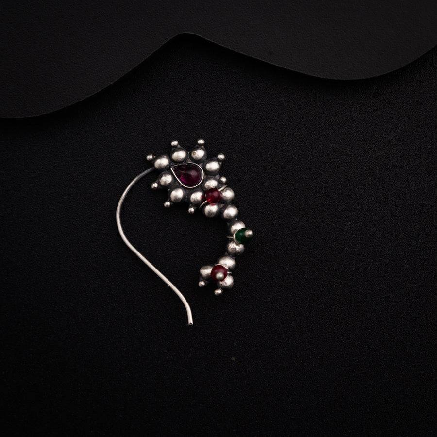 Itihaas Silver Maharashtrian Nath: Small (Left) : silver_nath_maharashtrian_left_silver_oxidized_pierced