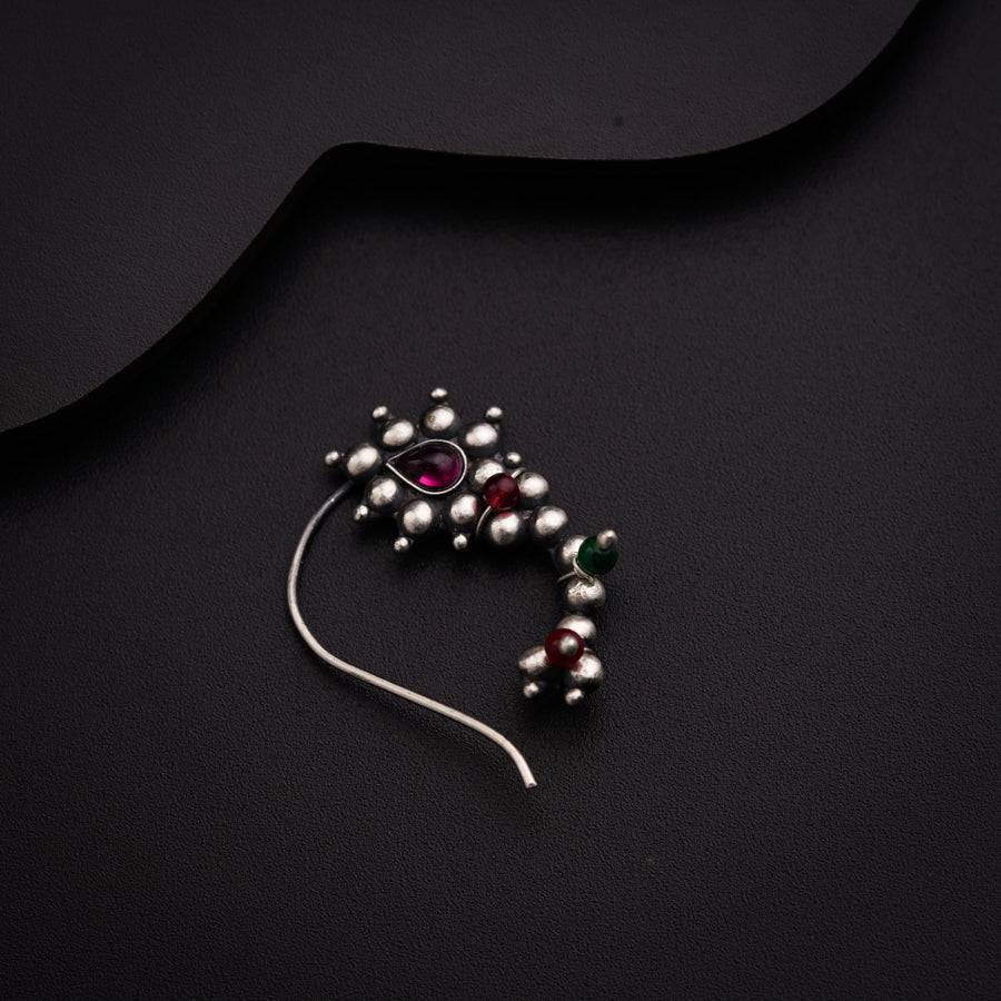 Itihaas Silver Maharashtrian Nath: Small (Left) : silver_nath_maharashtrian_left_silver_oxidized_pierced