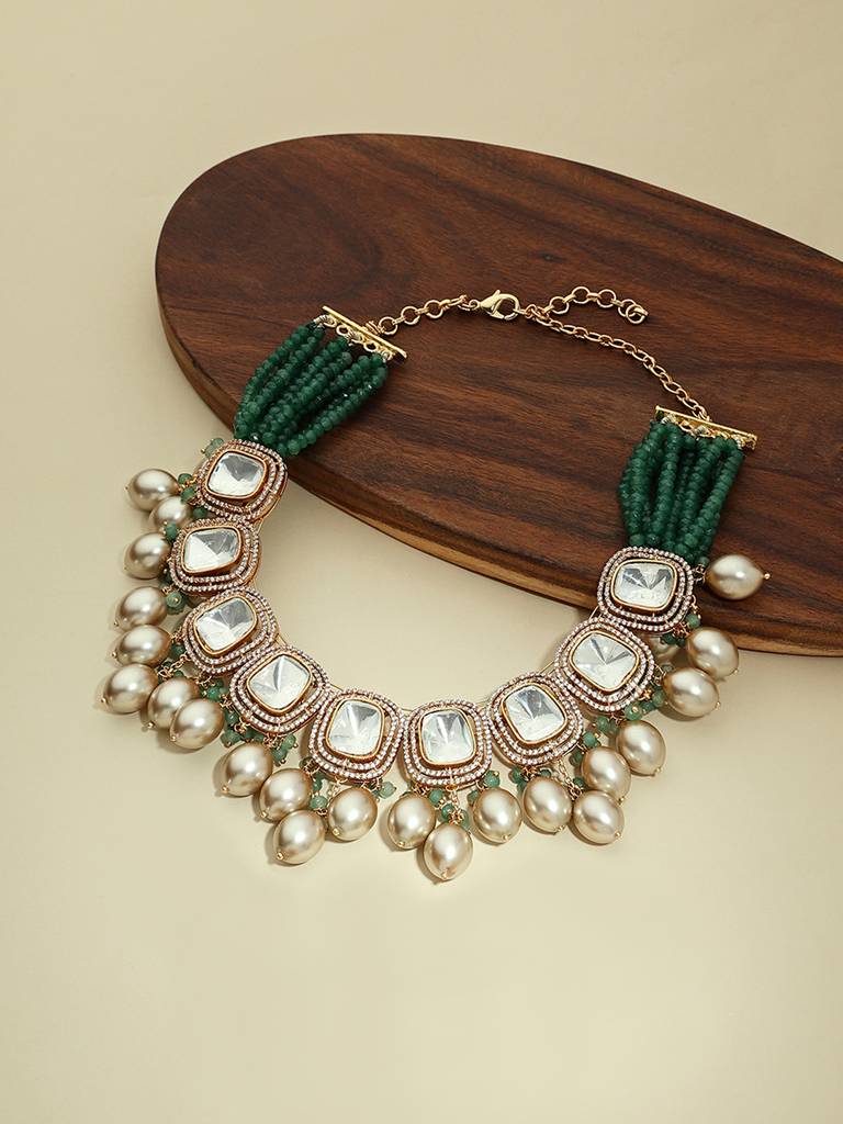 Gold Tone Kundan Polki Biege Necklace : ARJBR23N19