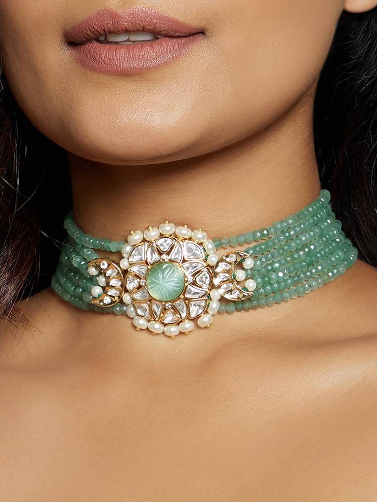Green & Golden Polki Necklace : ARJBR23N71