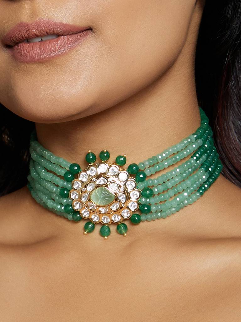Multi Shaded Green Polki Choker : ARJBR23N73