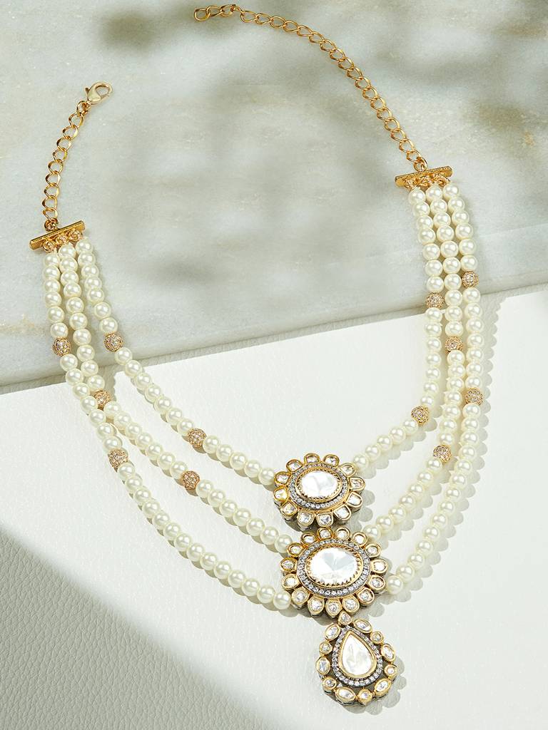 Classic Multi Layered Pearl Polki Necklace : ARJBR23N89