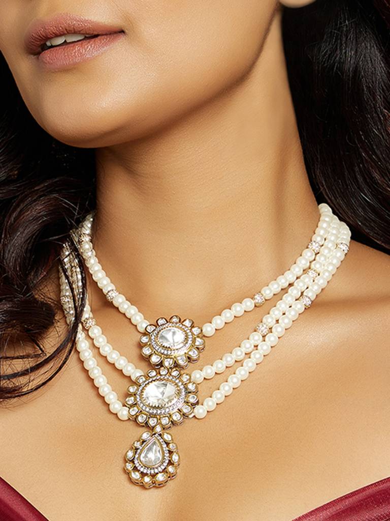 Classic Multi Layered Pearl Polki Necklace : ARJBR23N89