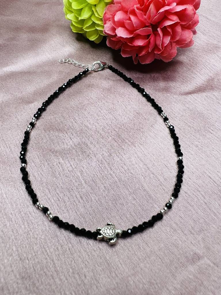 925 Sterling Silver Black Beads Tortoise Charm Anklet : ARSA53