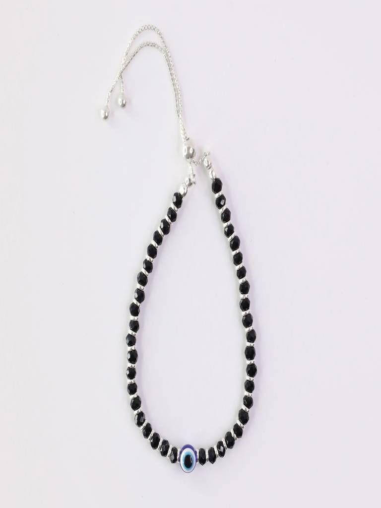 925 Sterling Silver Adjustable Evil Eye Nazariya Black Beads Bracelet : ARSBR03