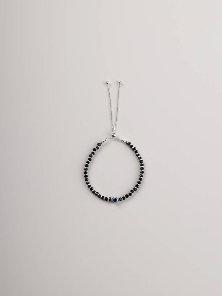 925 Sterling Silver Adjustable Evil Eye Nazariya Black Beads Bracelet : ARSBR03