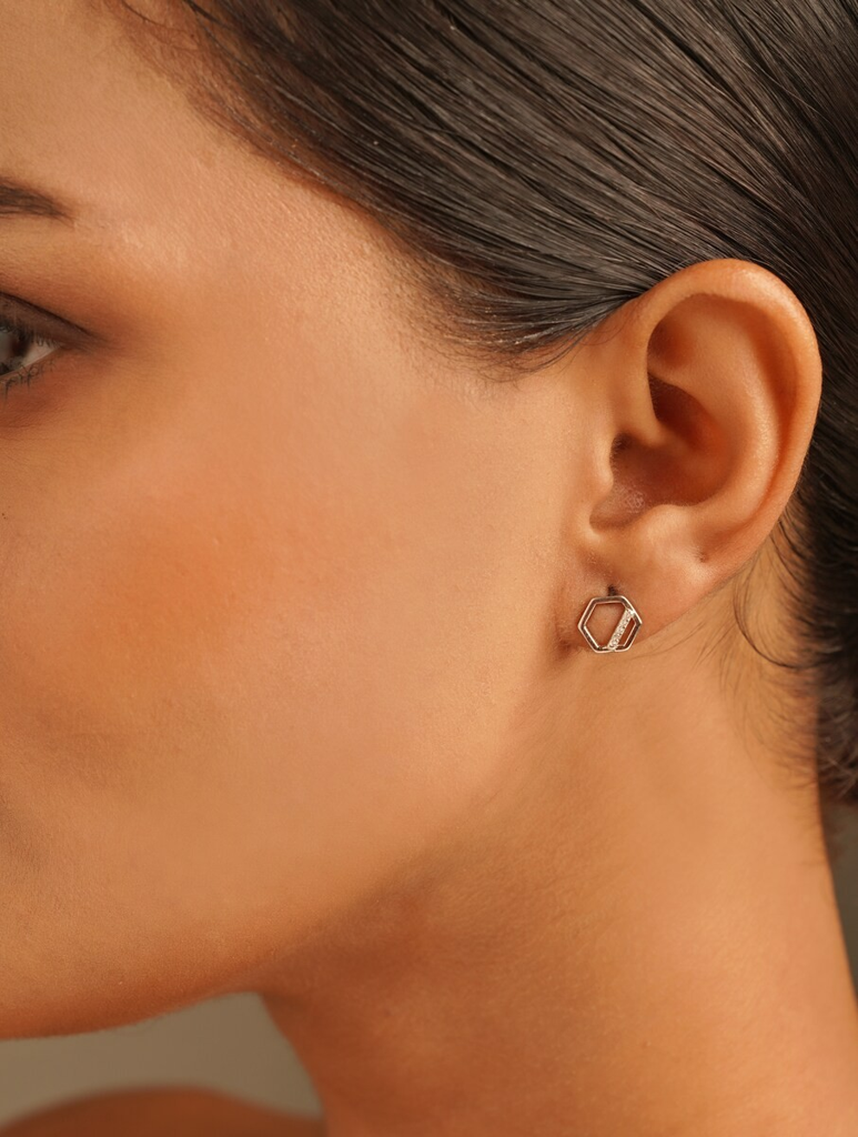 925 Sterling Silver Cz Stone Hexagonal Stud Earrings : ARSSE680