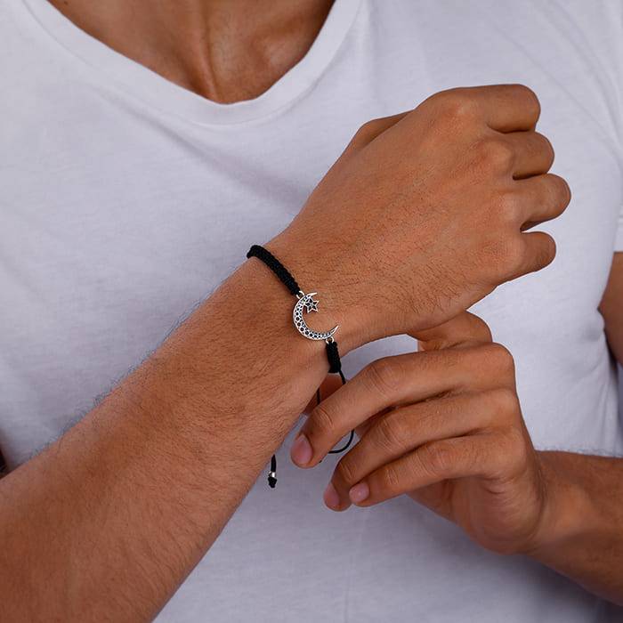Oxidised Silver Crescent Moon Bracelet For Him : AVBR034