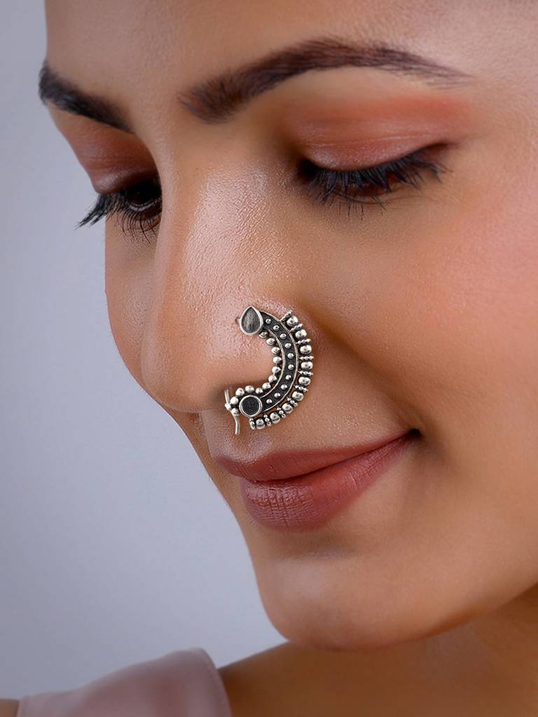 Silver Oxidised Silver Ethnic Nose Ring : AVNP031