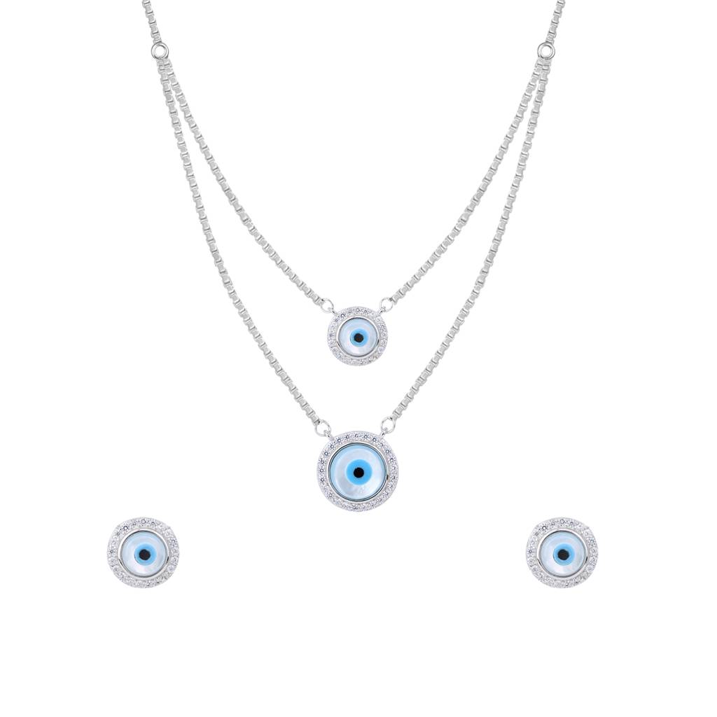 Double Layer Evil Eye Necklace Set In Silver Color : AVNS122