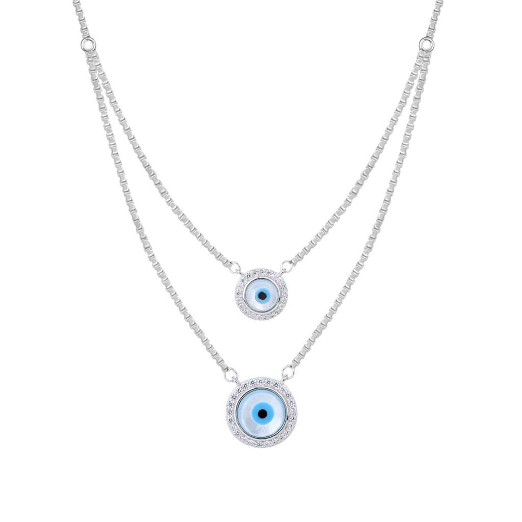 Double Layer Evil Eye Necklace Set In Silver Color : AVNS122