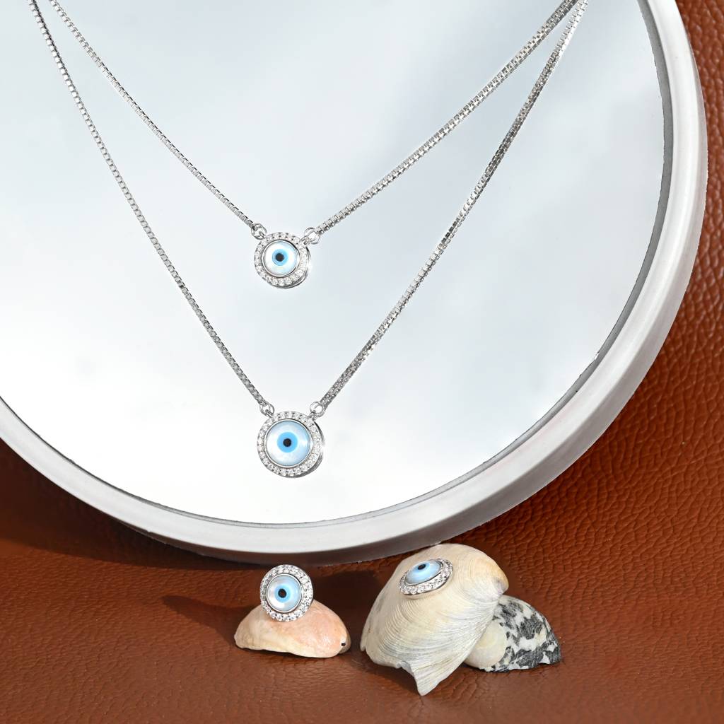 Double Layer Evil Eye Necklace Set In Silver Color : AVNS122