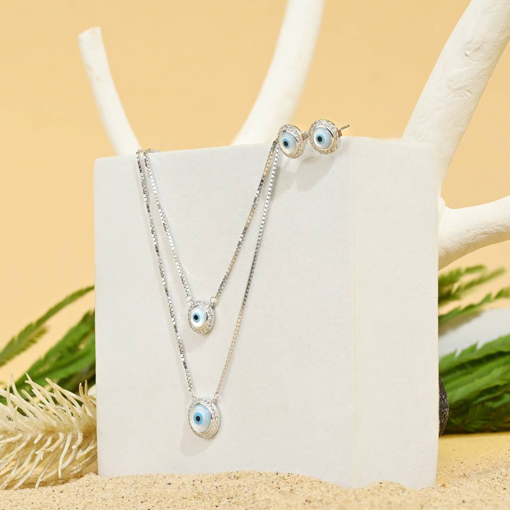 Double Layer Evil Eye Necklace Set In Silver Color : AVNS122