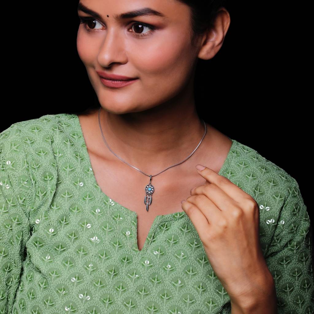 Oxidised Silver Dream Catcher Pendant With Box Chain : AVPD002