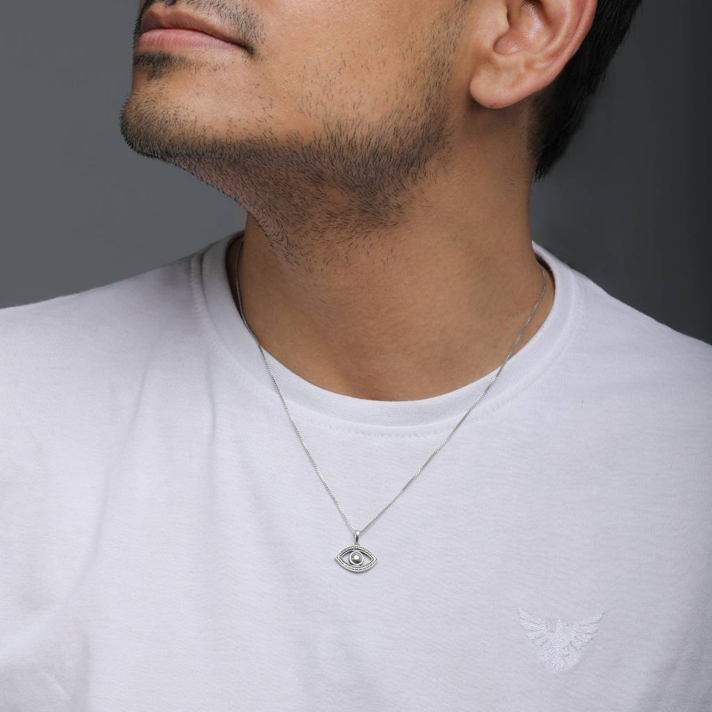 Oxidised Silver Evil Eye Pendant With Box Chain : AVPD005