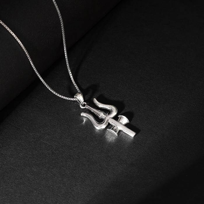 Silver Trident Pendant With Box Chain For Him : AVPD0167