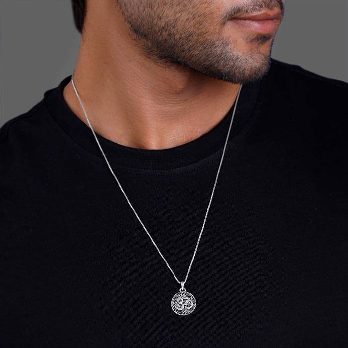Oxidised Silver Om Pendant With Box Chain For Him : AVPD0170