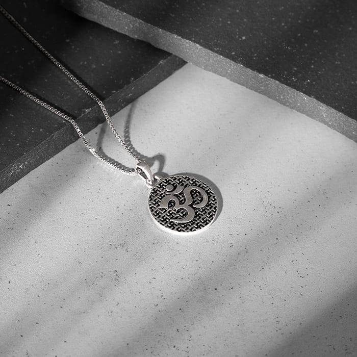 Oxidised Silver Om Pendant With Box Chain For Him : AVPD0170