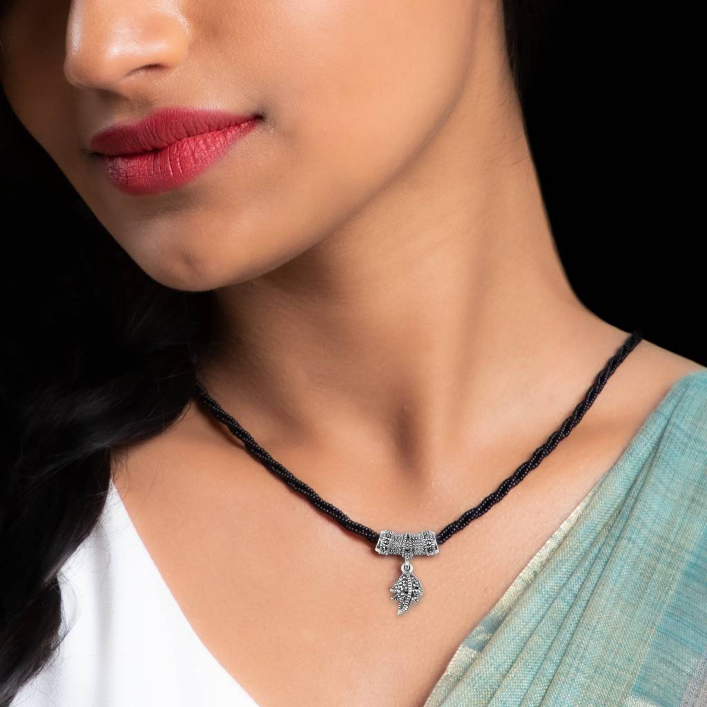 Oxidised Silver Triple Layer Beaded Leaf Mangalsutra : AVPD051
