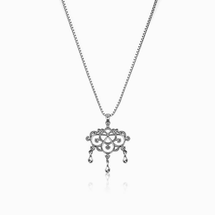 Oxidised Silver Triple Trinket Pendant With Box Chain : AVPD056