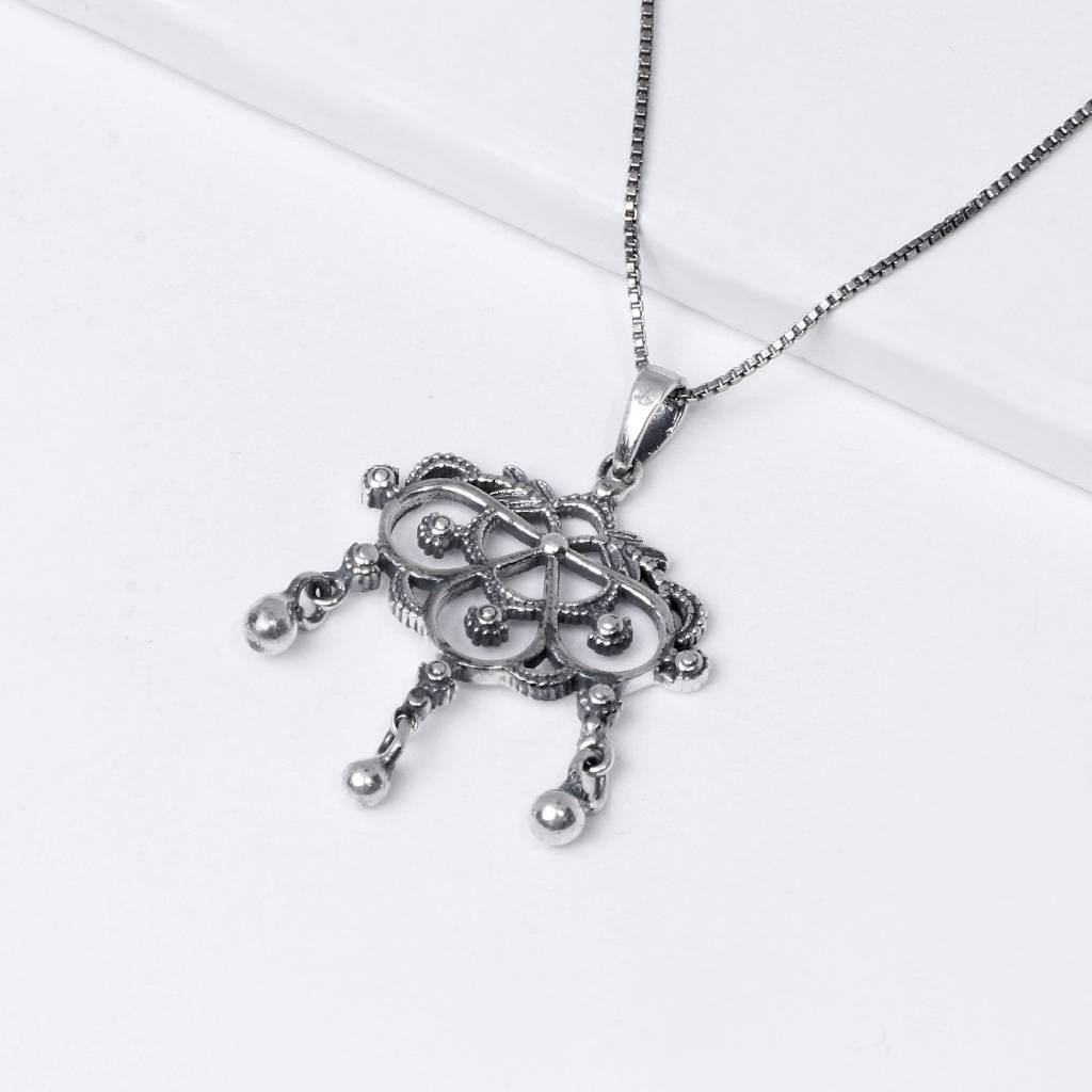 Oxidised Silver Triple Trinket Pendant With Box Chain : AVPD056